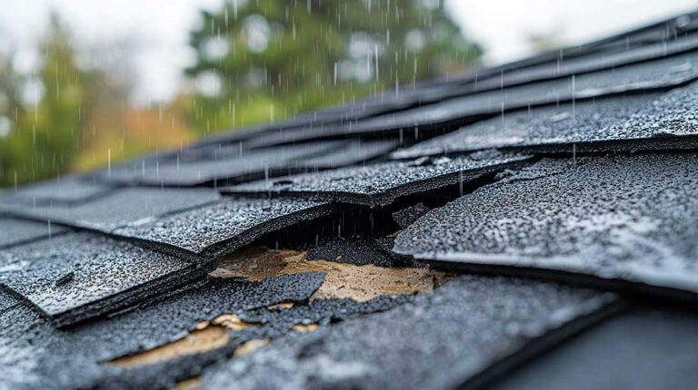 Person inspecting roof flashing and gutters beside a home during a cool autumn day