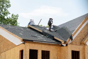 Homeowner checks roof from the ground with binoculars while a secured ladder stands nearby.